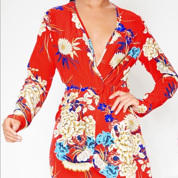 Red Floral long sleeve wrap dress from PLT available in size 0 - Picture 2 of 8